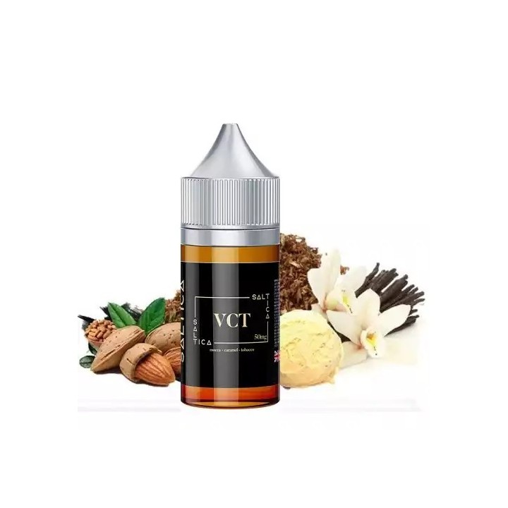 Saltica VCT Salt Likit şişe, badem, vanilya ve tütün aromalı.