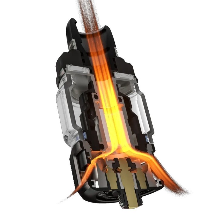 Voopoo Argus XT Pod Mod kesit görünümü, ısıtma ve hava akışı şeması.