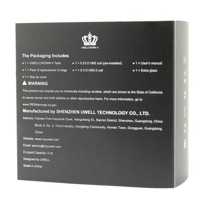 Uwell Crown V Tank Kartuş kutusu içeriği ve teknik detayları.