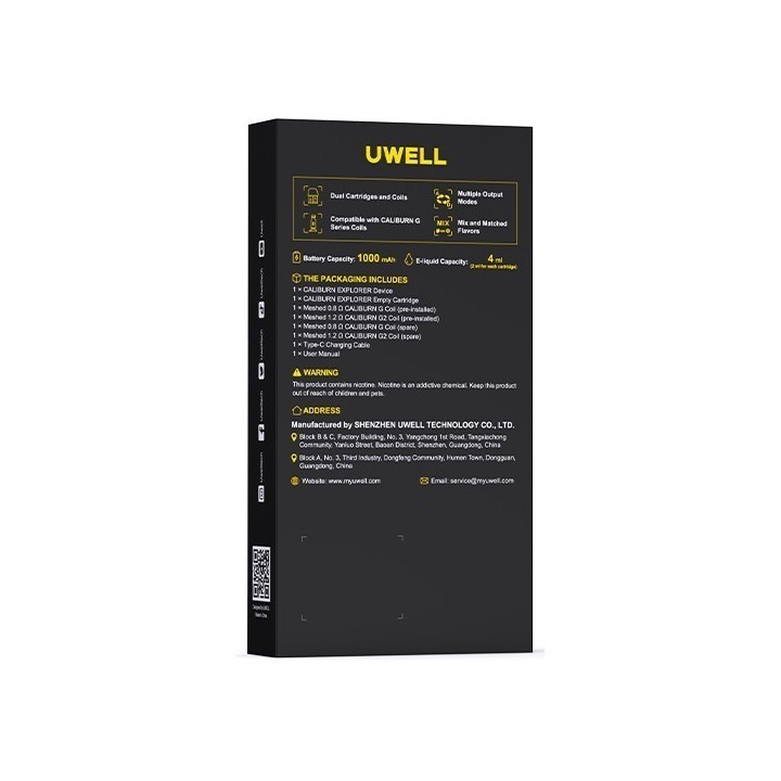 Uwell Caliburn Explorer Pod Mod kutu içeriği ve özellikleri.