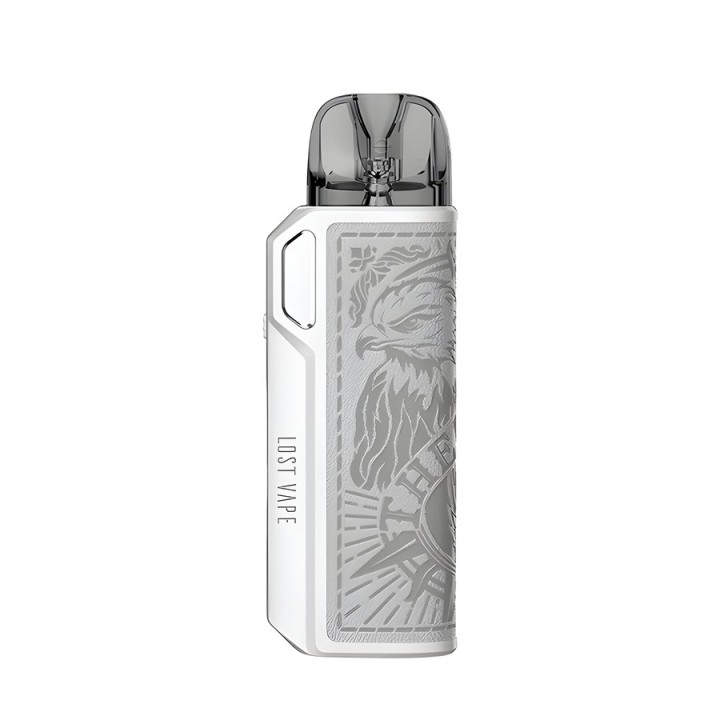 Lost Vape Thelema Elite Pod Mod beyaz, kartal desenli, şık elektronik sigara.