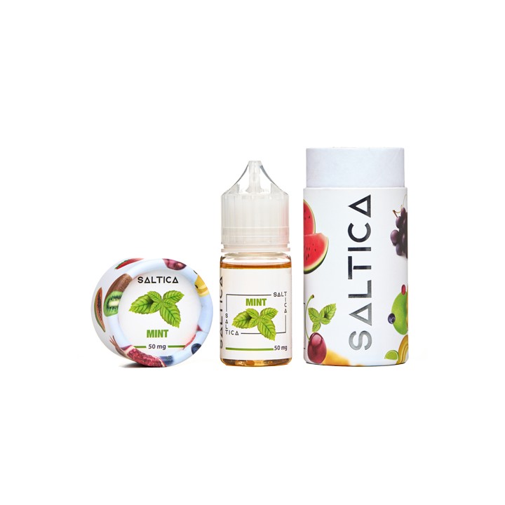Saltica Mint Salt Likit 50 mg, nane yapraklı ambalajlı şişe ve kutu.