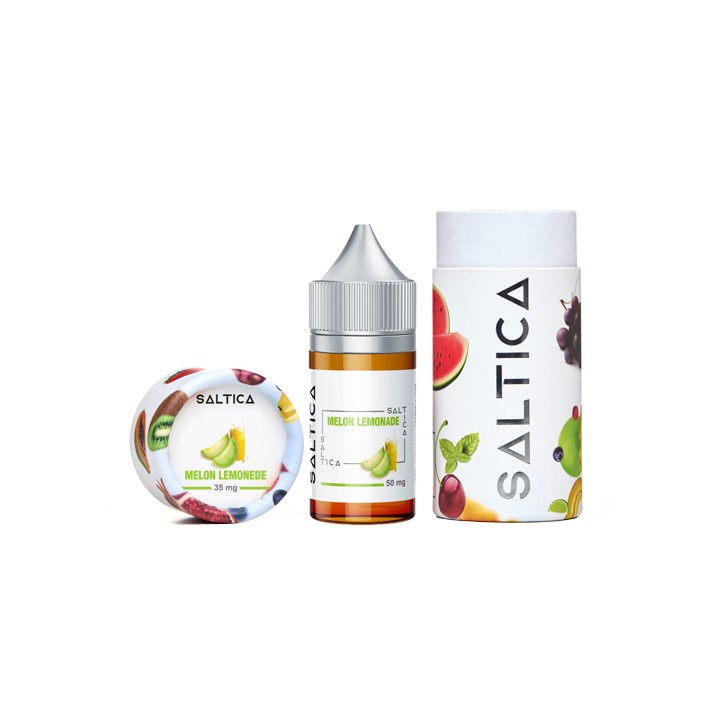 Saltica Melon Lemonade Salt Likit 50mg şişe ve kutu ambalajı.