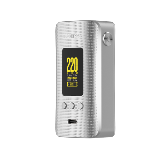 Vaporesso Gen 200 Mod Pod Mod gümüş renkli, dijital ekranlı vape cihazı.