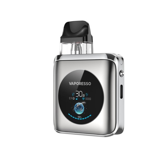 Vaporesso XROS 4 Nano Pod Mod gümüş renkli, dijital ekranlı kompakt elektronik sigara.