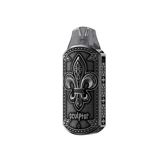 Uwell Sculptor Pod Mod gümüş renkli, işlemeli, retro tarzı elektronik sigara.