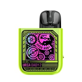 Lost Vape Ursa Baby 2 Pod Mod, neon yeşil, mekanik dişli tasarımlı.