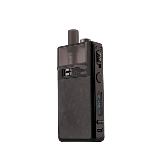 Lost Vape Orion 2 Pod Mod siyah karbon fiber görünümlü, ayarlanabilir watt ekranlı.