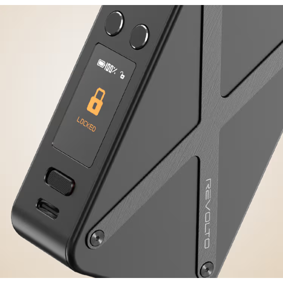 Aspire Revolto Pod Mod siyah, kilitli ekranlı ve modern tasarımlı yakın çekim.