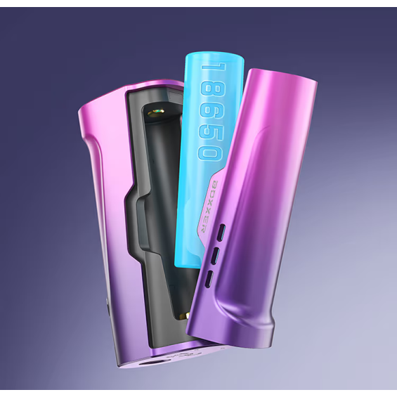 Aspire Boxxer Pod Mod mor renkli, 18650 pil yuvası açık gösterim.