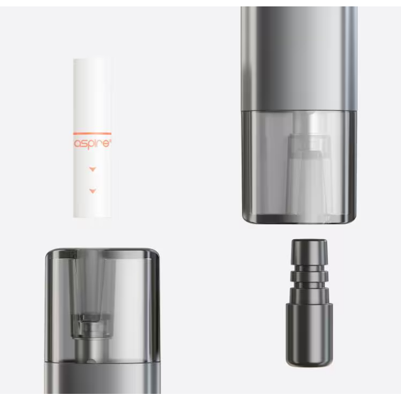 Aspire Vilter S Pod Mod yedek parçaları, gümüş ve beyaz renkli bileşenler.