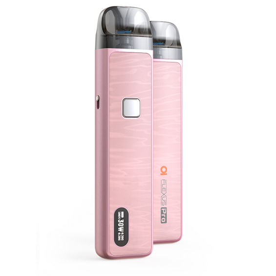 Aspire Flexus Pro Pod Mod pembe renkli, ahşap görünümlü, dijital ekranlı.