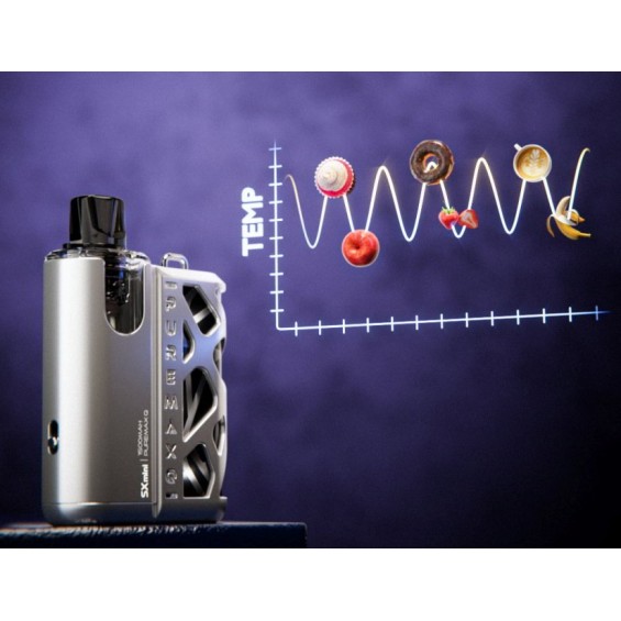 SXmini PureMax Q Pod Mod gümüş renkli, şık tasarımlı, tatlı aromalı vape cihazı.