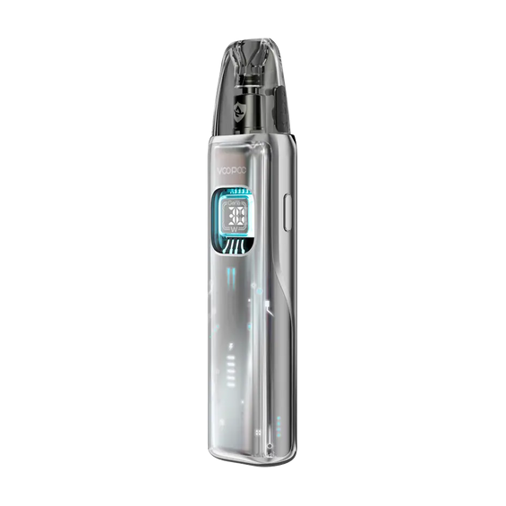 Voopoo Argus Matrix Pod Mod gümüş şeffaf renkli, dijital ekranlı elektronik sigara.