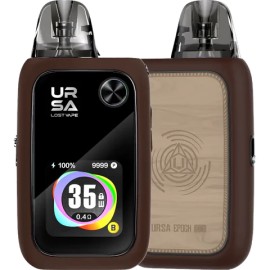 Lost Vape Ursa Epoch Pod Mod kahverengi ahşap görünümlü, şık elektronik sigara.