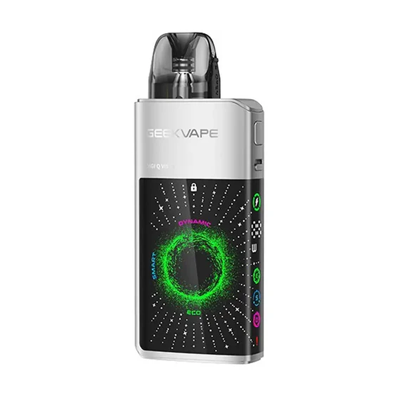 GeekVape Digi Q Vista Pod Mod gümüş renkli, dinamik ekranlı elektronik sigara.