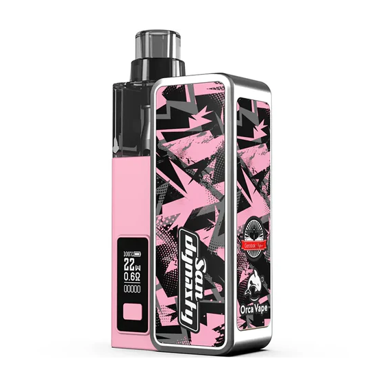 Gerobak Orca San Dynasty Vape Pod Mod pembe desenli, dijital ekranlı.