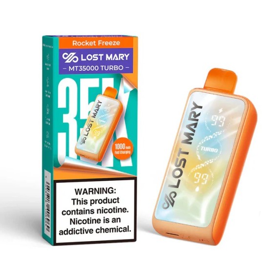 Lost Mary MT35000 Turbo Rocket Freeze kullan at, turuncu gövdeli.