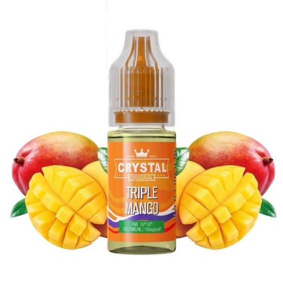 Crystal Salts V2 Triple Mango Salt Likit şişe ve taze mango görseli