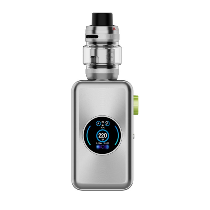 Vaporesso Gen Max Kit Pod Mod gümüş renkli, parlak ekranlı elektronik sigara.