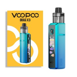 Voopoo Drag X3 Pod Mod mavi/turkuaz renkli, kutusu ile birlikte.