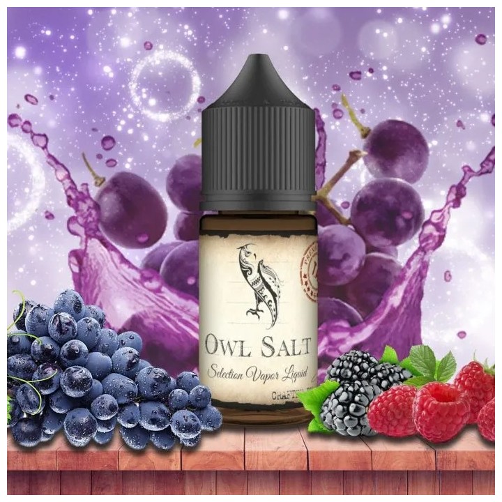 Owl Vape Grape Ice Blaze Salt Likit şişesi, üzüm ve orman meyveli.